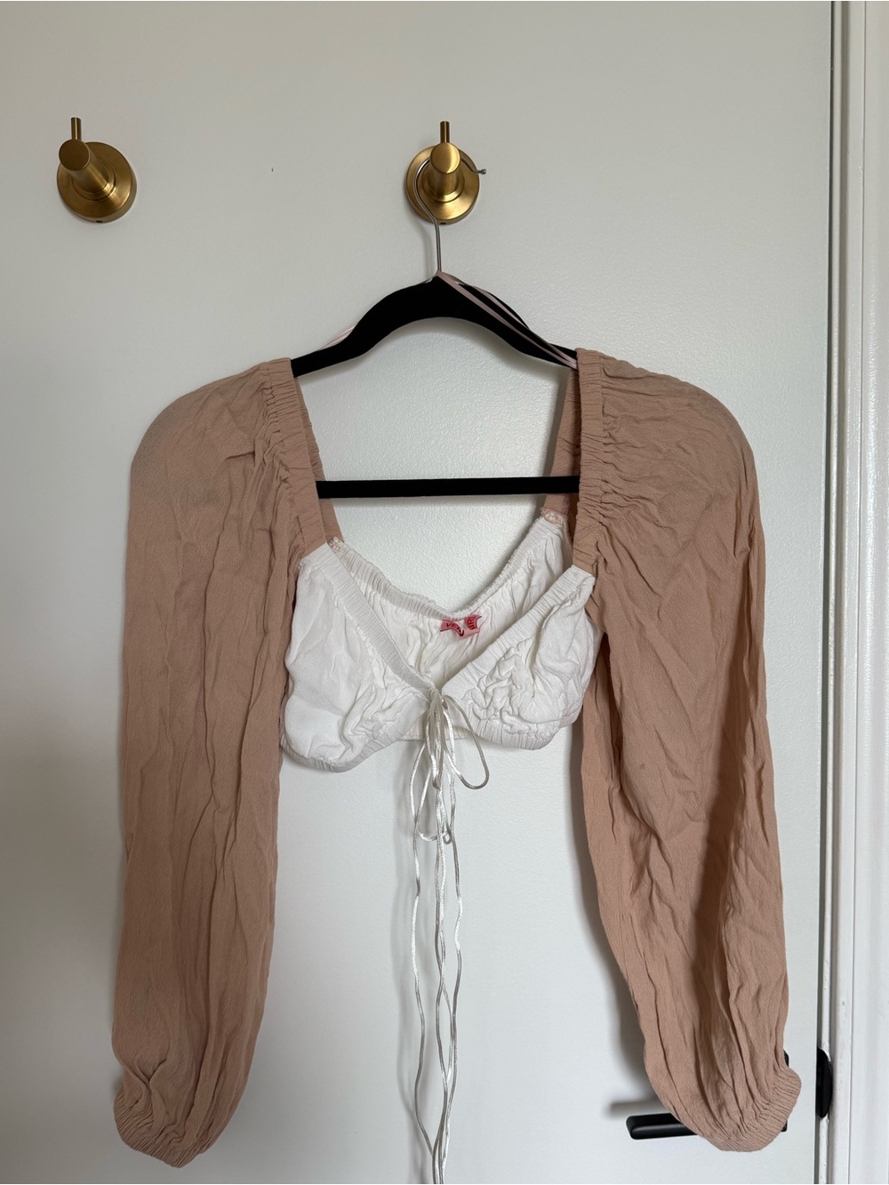 Vergegirl Cropped Drawstring Top with Puff Sleeves - Blush and White